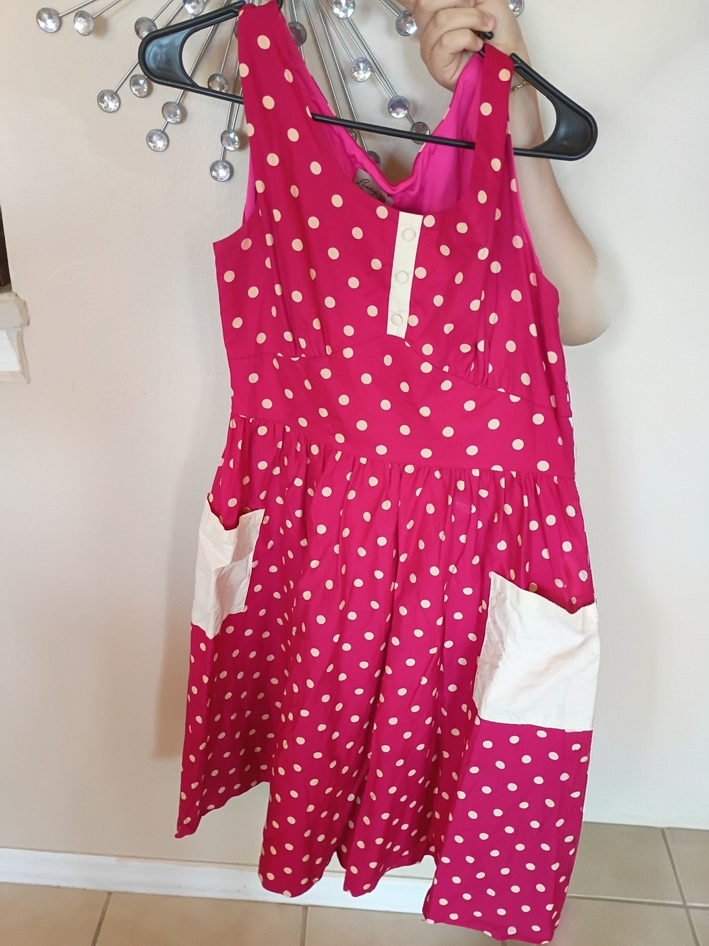 Lindy Bop Red Pink Polka Dot Dress with White Pockets